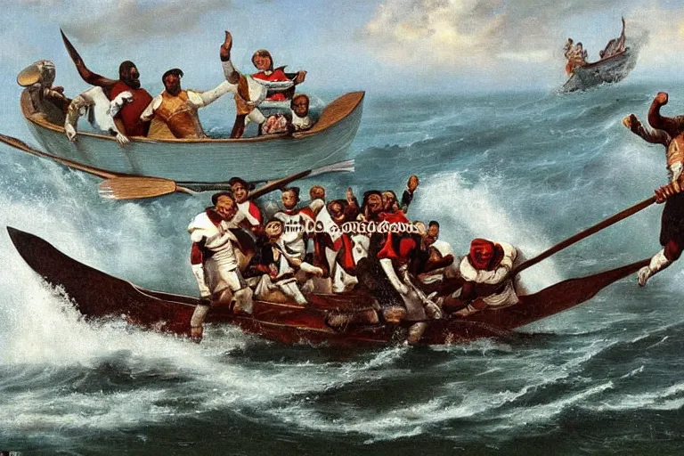 Image similar to a rowboat filled with nfl players in football helmets and pads, one has a harpoon, they are chasing a whale, american oil painting