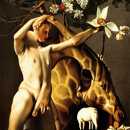 Prompt: the mighty god is creating the animals, a pig, flying goose, flowers, plants, giraffe, and a human, by caravaggio