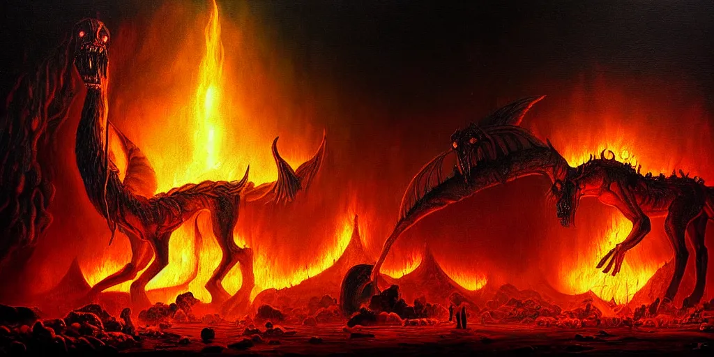 Image similar to mythical creatures and monsters at the mouth of hell, dramatic lighting glow from giant fire, in a dark surreal painting by ronny khalil