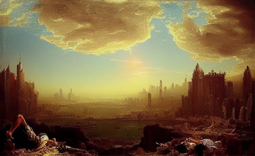 Prompt: “ the fall of dubai, in the style of thomas cole ”