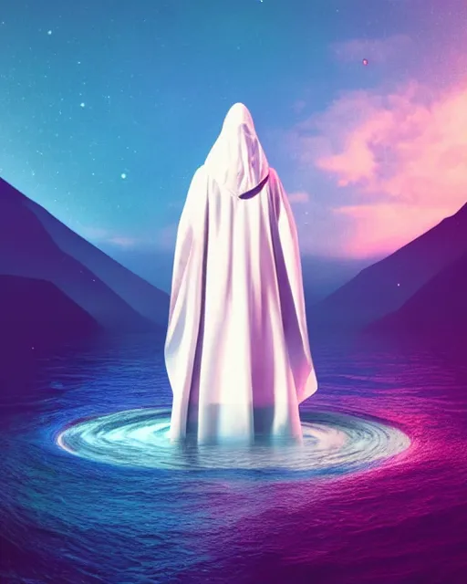 Image similar to a person wearing a white cloak standing in the water. a large planet is overhead. an album cover by stanley twardowicz, trending on cg society, retrofuturism, retrowave, chillwave, synthwave