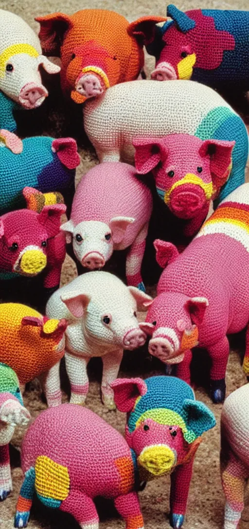 Prompt: multicolored crocheted pigs, 1 9 8 0 s catalogue photo