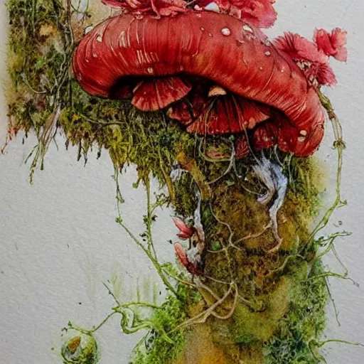 Prompt: jean - baptiste monge water color on white paper watercolor sketch of overgrown vines, moss, flowers, mushrooms hard edges, pencil lines, drips, runs, spatter, details. red chrome. jean - baptiste monge!!!!!