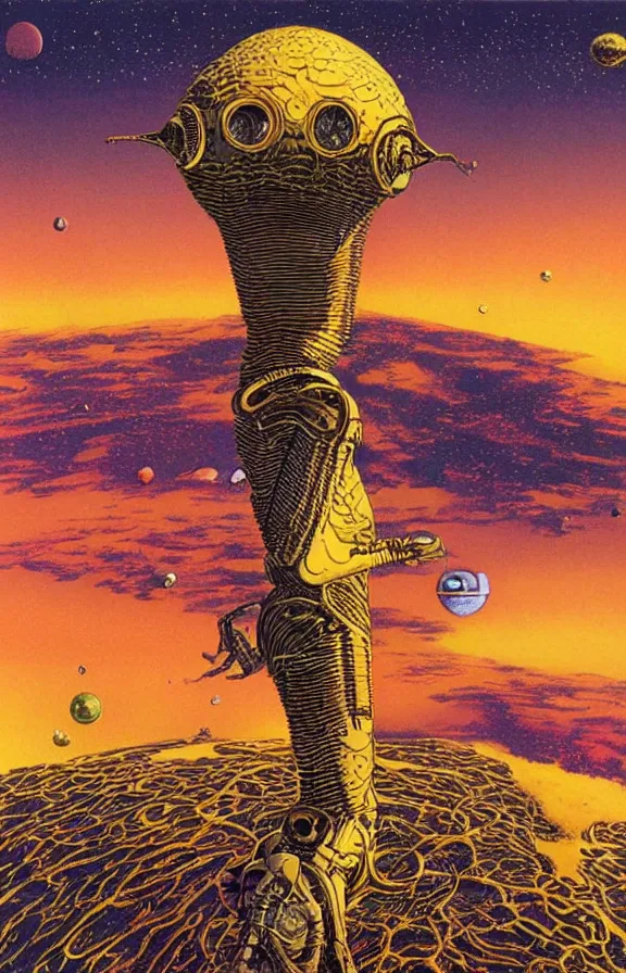 Image similar to Artwork by moebius and tim white, space view of a enormous omnipresent robotic humanoid alien crashing the earth mind powers