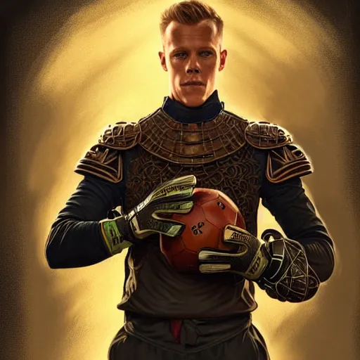 Image similar to Ter Stegen holding an explosive, goalkeeper, football pitch, D&D, fantasy, intricate, elegant, highly detailed, digital painting, artstation, concept art, matte, sharp focus, illustration, art by Artgerm and Greg Rutkowski and Alphonse Mucha