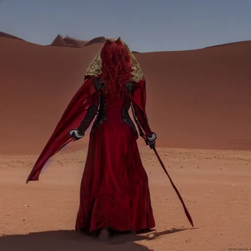 Image similar to An alluring vampire queen wearing a red pendant walks out of a tomb in the Sahara