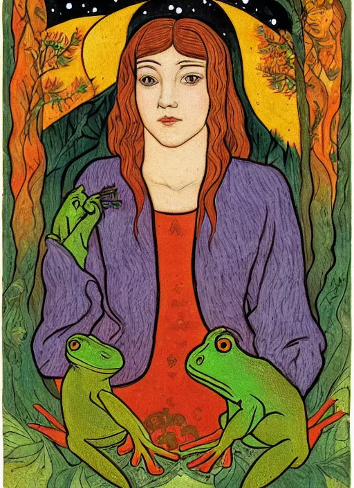 Prompt: portrait of a young woman holding a frog ; forest ; moon and stars ; slavic tale ; ivan bilibin style ; 8 k ;