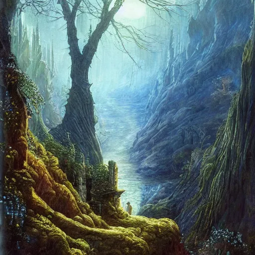 Image similar to a beautiful and highly detailed fantasy painting of a magical gerden deep in the misty mountains, intricate details, epic scale, insanely complex, 8 k, sharp focus, hyperrealism, fantasy landscape, psychedelic patterns, by caspar friedrich and james gurney,