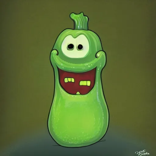 Image similar to A happy green pickle standing on top of a mountain, fog, digital art, cartoon art,