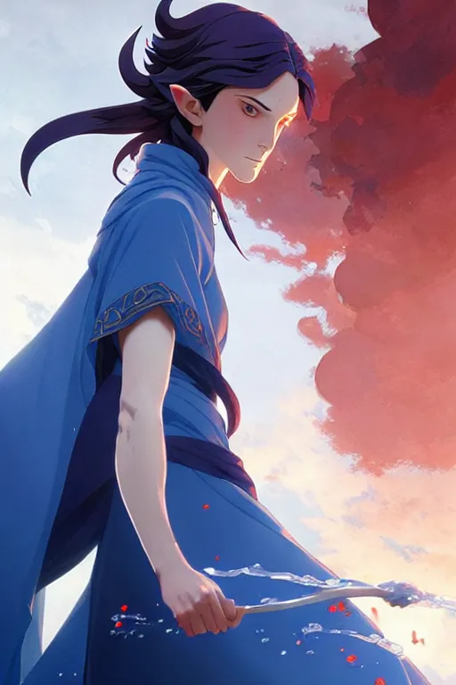 Image similar to elvish female sorcerer doing water magic spells, blue robes, red hair, finely detailed perfect face, exquisite details, mid view, design on a white background, by studio muti, greg rutkowski makoto shinkai takashi takeuchi studio ghibli