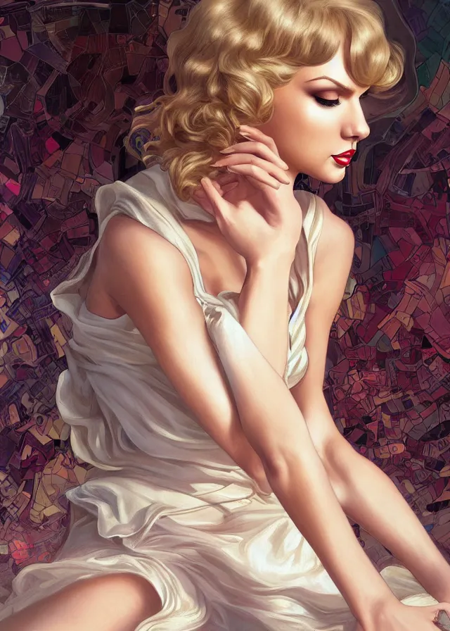 Prompt: ful length centerfold of taylor swift as a young marilyn monroe, elegant, flat lighting, intricate, highly detailed, digital painting, artstation, concept art, smooth, sharp focus, illustration, closeup, misa amane, art by simon bisley and greg rutkowski and alphonse mucha, novel cover