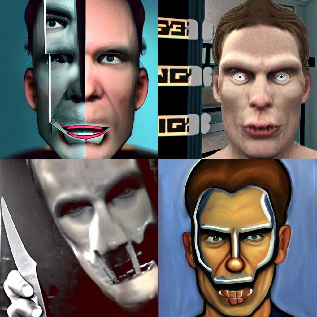 Prompt: jerma 9 8 5, funhouse mirror reflection of a serial killer with a knife, jerma 9 8 5