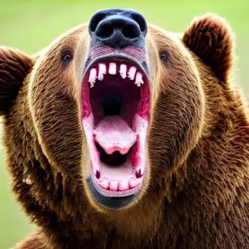 Prompt: close up of bear with and open mouth 3 ribs in between its teeth, frightening, disturbing