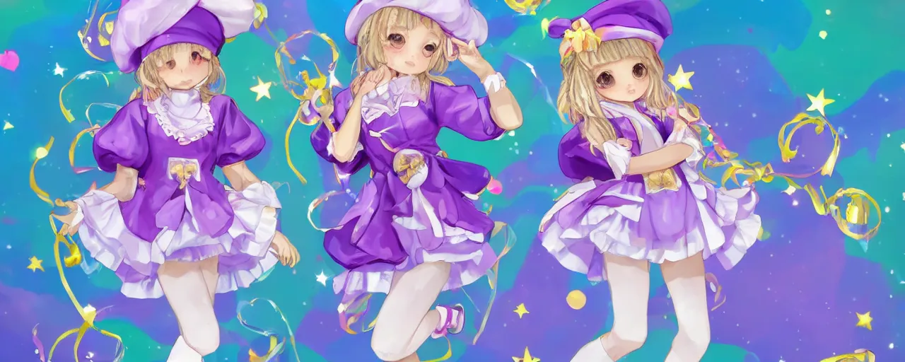 Image similar to A character sheet of full body cute magical girls with short blond hair wearing an oversized purple Beret, Purple overall shorts, Short Puffy pants made of silk, pointy jester shoes, a big billowy scarf, and white leggings. Rainbow accessories all over. Flowing fabric. Golden Ribbon. Fancy Lolita Dress. Baby the stars shine bright. Covered in stars. Artist Clothes. Painter Clothes. Dreamer. Short Hair. Art by william-adolphe bouguereau and Paul Delaroche and Alexandre Cabanel and Lawrence Alma-Tadema and WLOP and Artgerm. Fashion Photography. Decora Fashion. harajuku street fashion. Kawaii Design. Intricate, elegant, Highly Detailed. Smooth, Sharp Focus, Illustration Photo real. realistic. Hyper Realistic. Sunlit. Moonlight. Dreamlike. Surrounded by clouds. 4K. UHD. Denoise.