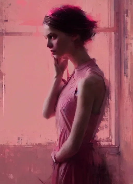 Image similar to indoor portrait of a beautiful girl, shades of pink, beautiful face, rule of thirds, intricate outfit, spotlight, by greg rutkowski, by jeremy mann, digital painting