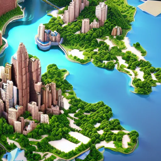 Image similar to new york surrounded by waterfalls on a floating island in the sky, low poly art, isometric art, 3d render, ray tracing, high detail, artstation, concept art, behance, smooth, sharp focus, ethereal lighting, unreal engine 5