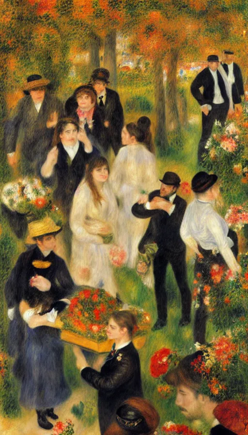 Prompt: a oil painting a group of people stand around a coffin in flowers, by renoir
