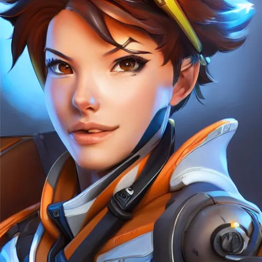 Image similar to tracer from overwatch, character portrait, close up, concept art, intricate details, highly detailed photorealistic in the style of marco plouffe keos masons, joel torres, seseon yoon, artgerm and warren louw