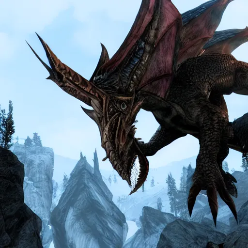 Prompt: Skyrim Dragon wearing a hat Screenshot
