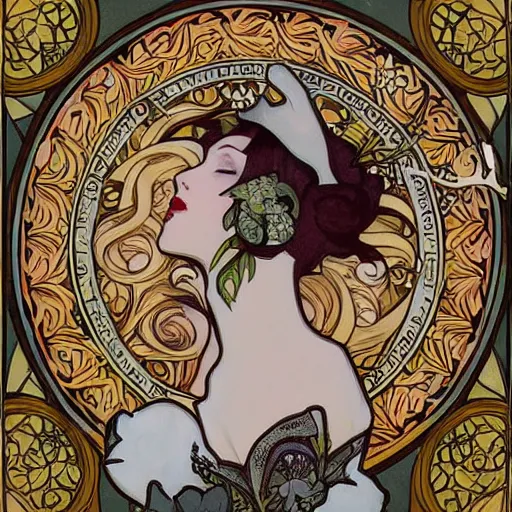 Image similar to modern woman in beautiful dress. mucha style. epic composition. highly detailed.