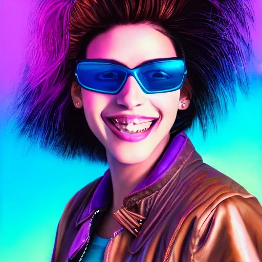 Image similar to closeup painting of a very beautiful young mexican cyberpunk woman with a smile, light blue windows shutter shades on her face, and a purple coloured leather jacket, one side haircut, long brown hair with light blue ends, portrait, hyperdetailed, cgsociety, synthwave by tangerine dream, by jean - michel jarre, by vangelis, by john carpenter