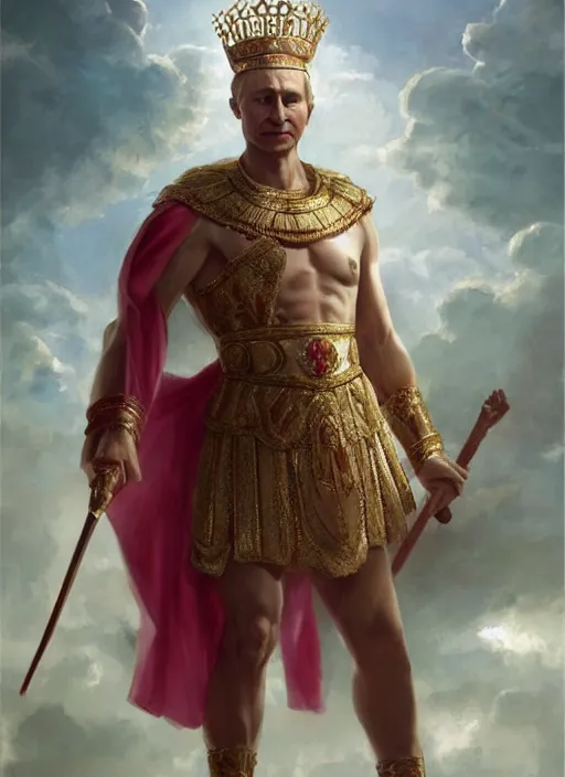 Prompt: vladimir putin as a magnificent beautiful greek god in a crown and short pink balerrina skirt by greg rutkowski