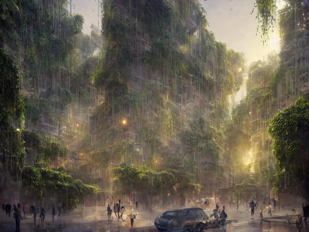 Image similar to the green city of babylon with its wonderful hanging gardens at dawn, intricate, elegant, volumetric lighting, digital painting, highly detailed, artstation, sharp focus, illustration, concept art, ruan jia, steve mccurry