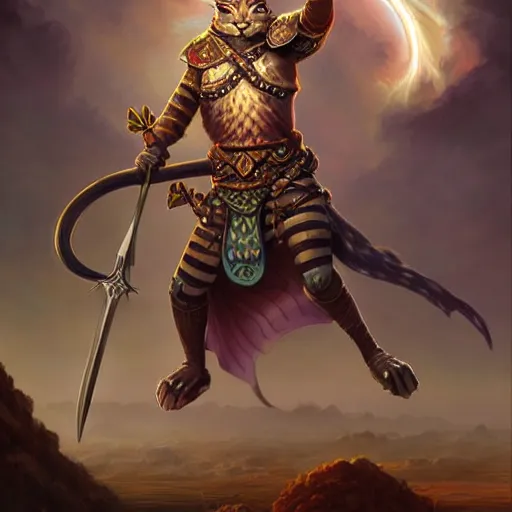 Image similar to tabaxi warrior wielding a sword, highly detailed matte fantasy painting, stormy lighting, by ross tran, by artgerm, by lisa frank, by brom, by peter mohrbacher