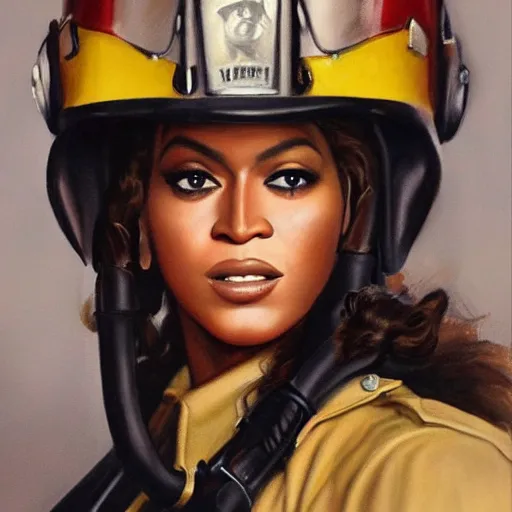 Prompt: ultra realistic portrait painting of beyonce as a firefighter, art by frank frazetta, 4 k, ultra realistic, highly detailed, epic lighting.