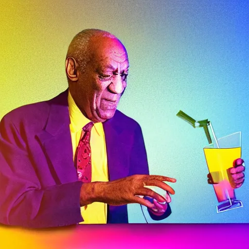 Image similar to Bill Cosby offering large glowing drink in nightclub background, colorful 16k hyper realistic illustration