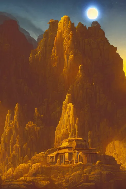 Image similar to ancient temple carved into canyon walls, monks standing around golden statue glowing yellow, light streaks in the sky, eclipse, dramatic lighting, artstation, matte painting, ralph mcquarrie, simon stalenhag