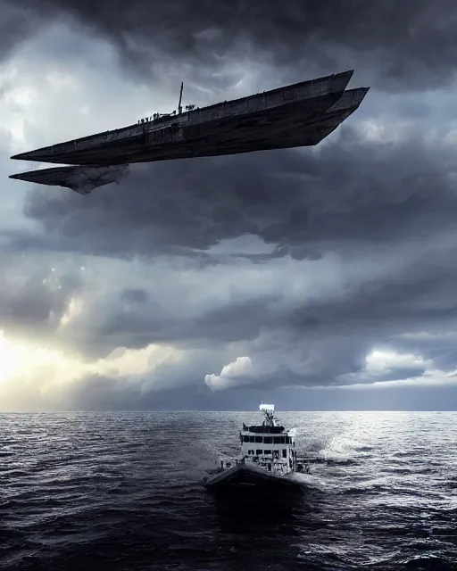 Prompt: a fishing boat on stormy seas, a gigantic star destroyer spaceship flying overhead, the gigantic star destroyer spaceship is emerging from storm clouds, sunset lighting, stormy weather, dramatic lighting, lightning, unreal engine, hyper realism, realistic shading, cinematic composition, realistic render, octane render, detailed textures, photorealistic, ultrawide shot, 1 6 mm lens