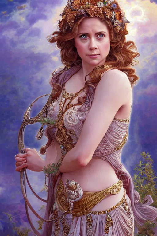 Image similar to Jenna Fischer as a Greek Goddess, cute, fantasy, intricate, elegant, highly detailed, digital painting, 4k, HDR, concept art, smooth, sharp focus, illustration, art by artgerm and H R Giger and alphonse mucha