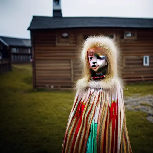 Image similar to ethnographic portraiture photograph of an extremely beautiful!!!! young blonde woman with symmetric face. wearing traditional greenlandic national dress. in front of her house. petzval lens. shallow depth of field. on flickr, award winning. national geographic