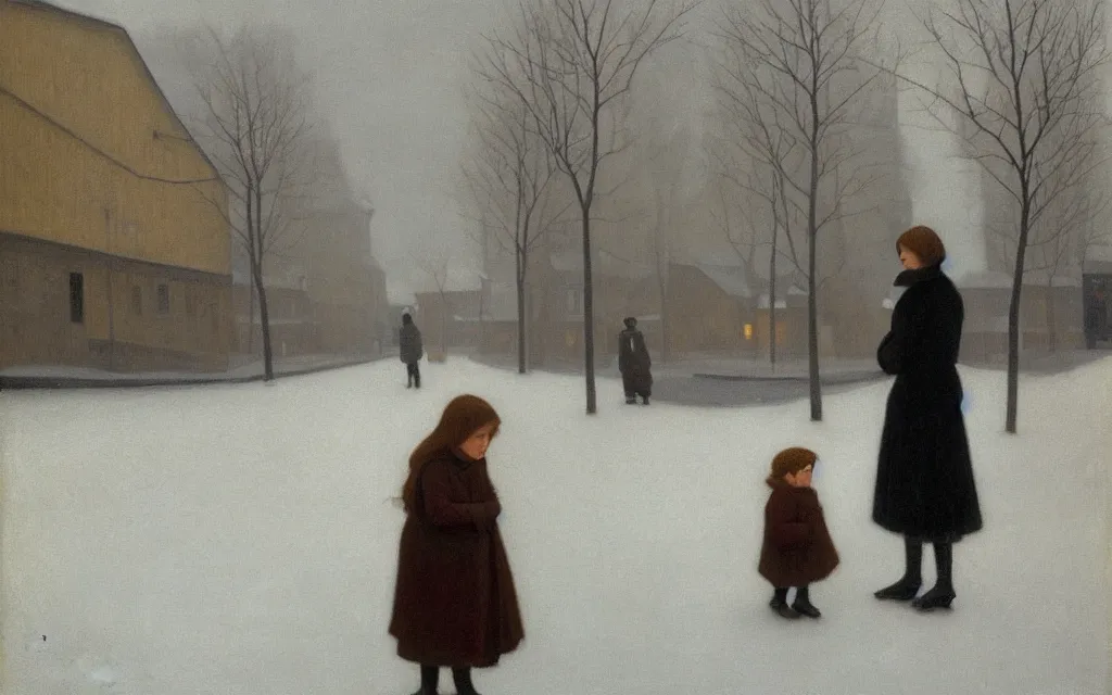 Image similar to a painting of sad little redhead lady in a winter street in norway, oil on canvas, by hammershoi
