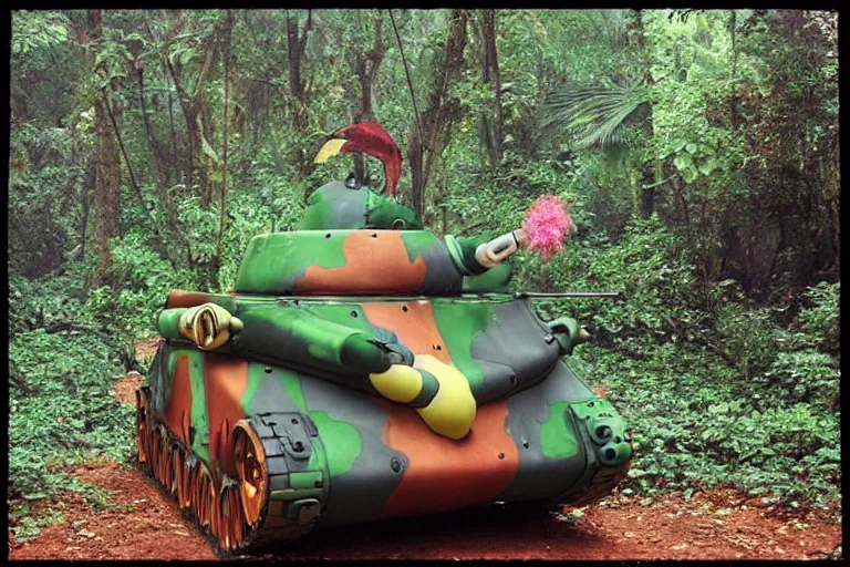 Prompt: colorful pokemon that looks like a military tank, lush jungle scene, post apocalyptic, shot on film