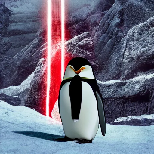 Image similar to penguin with red glowing eyes standing in front of minas morgul