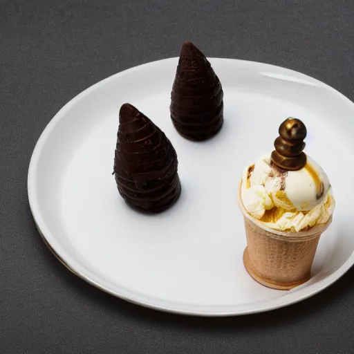 Prompt: photograph of a formal presentation of an ice cream cone on a plate with grotesque silverware in a fancy avant-garde restaurant