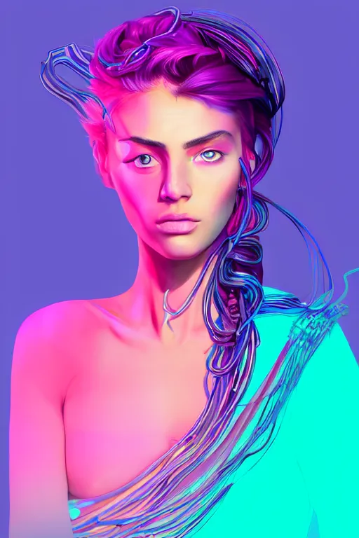 Image similar to a award winning half body portrait of a beautiful woman with stunning eyes in a croptop and cargo pants with ombre purple pink teal hairstyle and hands in pockets by thomas danthony, surrounded by whirling illuminated lines, outrun, vaporware, shaded flat illustration, digital art, trending on artstation, highly detailed, fine detail, intricate