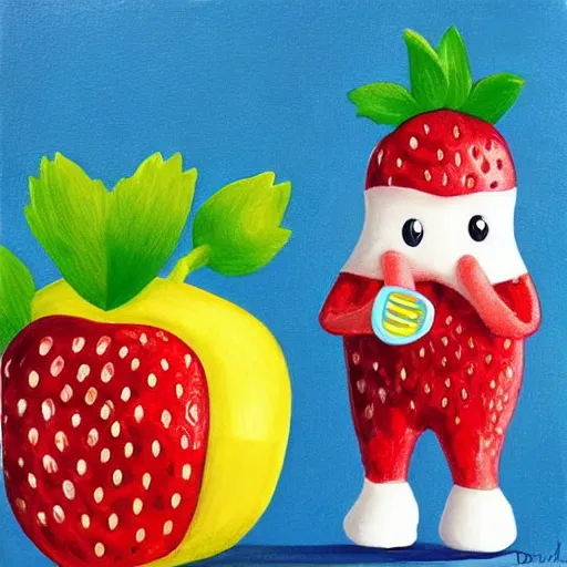 Prompt: a cute strawberry with two front teeth, holding a yellow toothbrush, in the style of debbie criswell