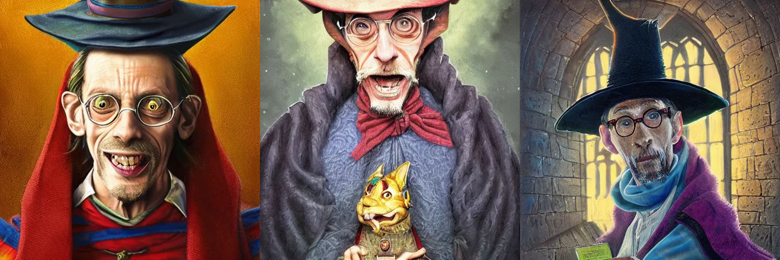 Prompt: portrait of Rincewind as a jumpy, cowardly, terrified professor in Hogwarts School of Witchcraft and Wizardry, detailed, hyperrealistic, colorful, cinematic lighting, digital art by Paul Kidby, J.Dickenson’