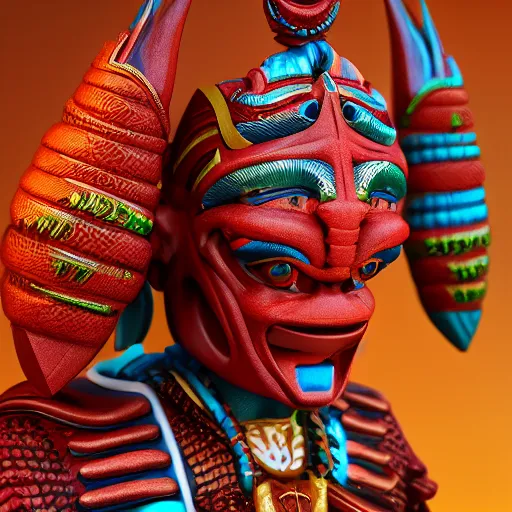 Image similar to closeup 3 d toy maori god as funco toy, plastic, sss, octane 4 k render, studio lighting, artstation, cyan photographic backdrop, 8 5 mm, f 2. 8 aperture