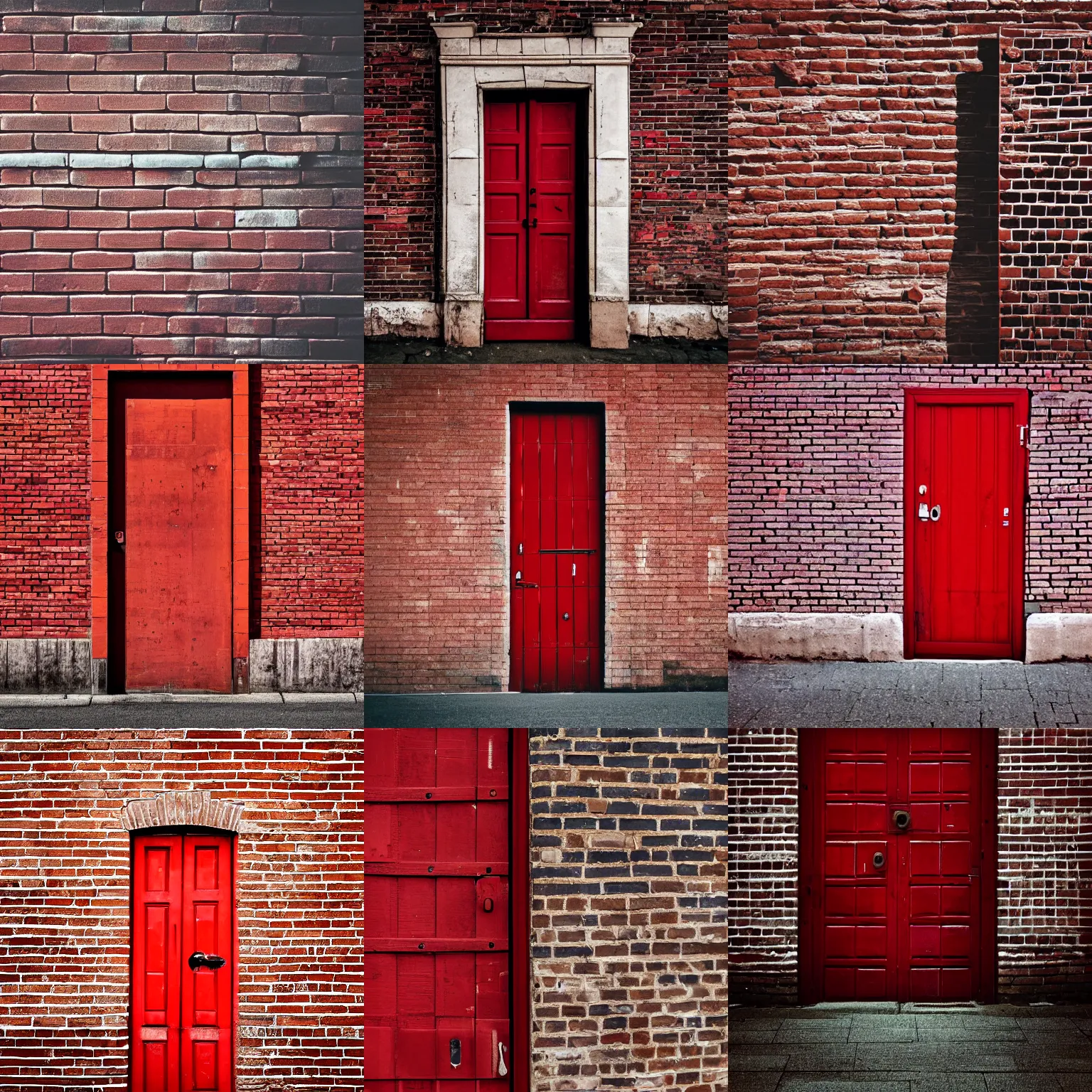 Prompt: A photo of a closed red wooden door and a wall of bricks, eery and misterious