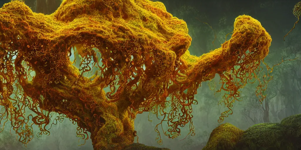 Image similar to Photorealistic symmetrical intricate detailed picture of a levitating floating fungus spirit with arms outstretched, made from colourful fungus tendrils. a gentle rising mist, an epic rocky landscape. occult photorealism, UHD, amazing depth, glowing, golden ratio, 3D octane cycle unreal engine 5, volumetric lighting, cinematic lighting, cgstation artstation concept art