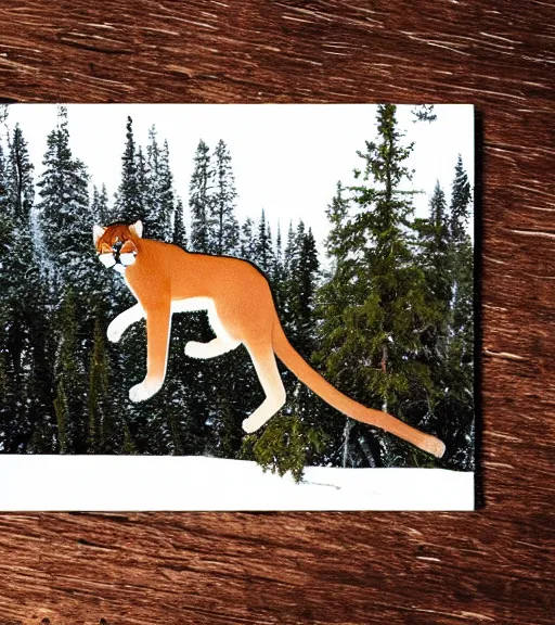 Prompt: torn up postcard showing 'a cougar sleeping in the middle of snowy pine tree' laying on coffee table, zoomed out shot, HD, iphone capture