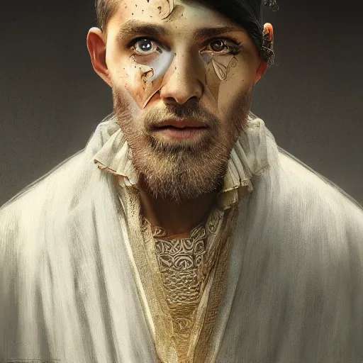 Image similar to highly detailed picture of a man with holes in his robes, religious man wearing clothes with huge rips, destroyed clothes, medieval background, mystic, d & d, fantasy, intricate, elegant, highly detailed, digital painting, artstation, concept art, smooth, sharp focus, illustration, art by artgerm and greg rutkowski and alphonse mucha