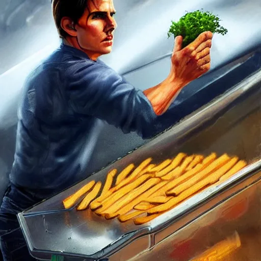 Image similar to tom cruise planting fries in the ground, digital art, highly - detailed, artstation cgsociety masterpiece