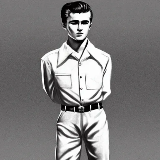 Image similar to a highly detailed epic cinematic concept art CG render digital painting artwork costume design: young James Dean as a well-kept neat perfect formal student in a 1950s USSR school uniform. By Mandy Jurgens, Lim Chuan Shin, Simon Cowell, Barret Frymire, Dan Volbert, Beeple, Butcher Billy, David Villegas, Irina French, Heraldo Ortega, Rachel Walpole, Jeszika Le Vye trending on ArtStation, made in Maya, Blender and Photoshop, octane render, excellent composition, cinematic atmosphere, dynamic dramatic cinematic lighting, aesthetic, very inspirational, arthouse