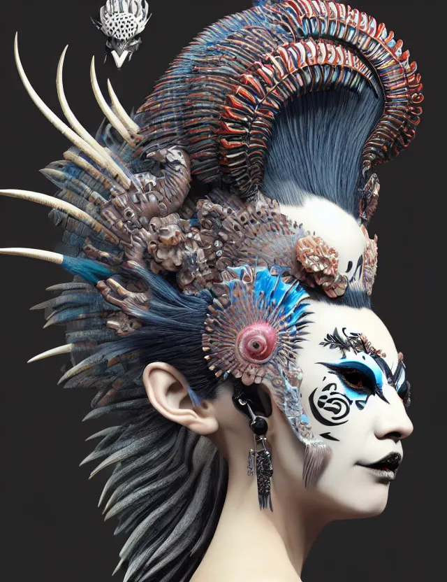 Image similar to 3 d goddess close - up profile portrait punk with mohawk with ram skull. beautiful intricately detailed japanese crow kitsune mask and clasical japanese kimono. betta fish, jellyfish phoenix, bio luminescent, plasma, ice, water, wind, creature, artwork by tooth wu and wlop and beeple and greg rutkowski