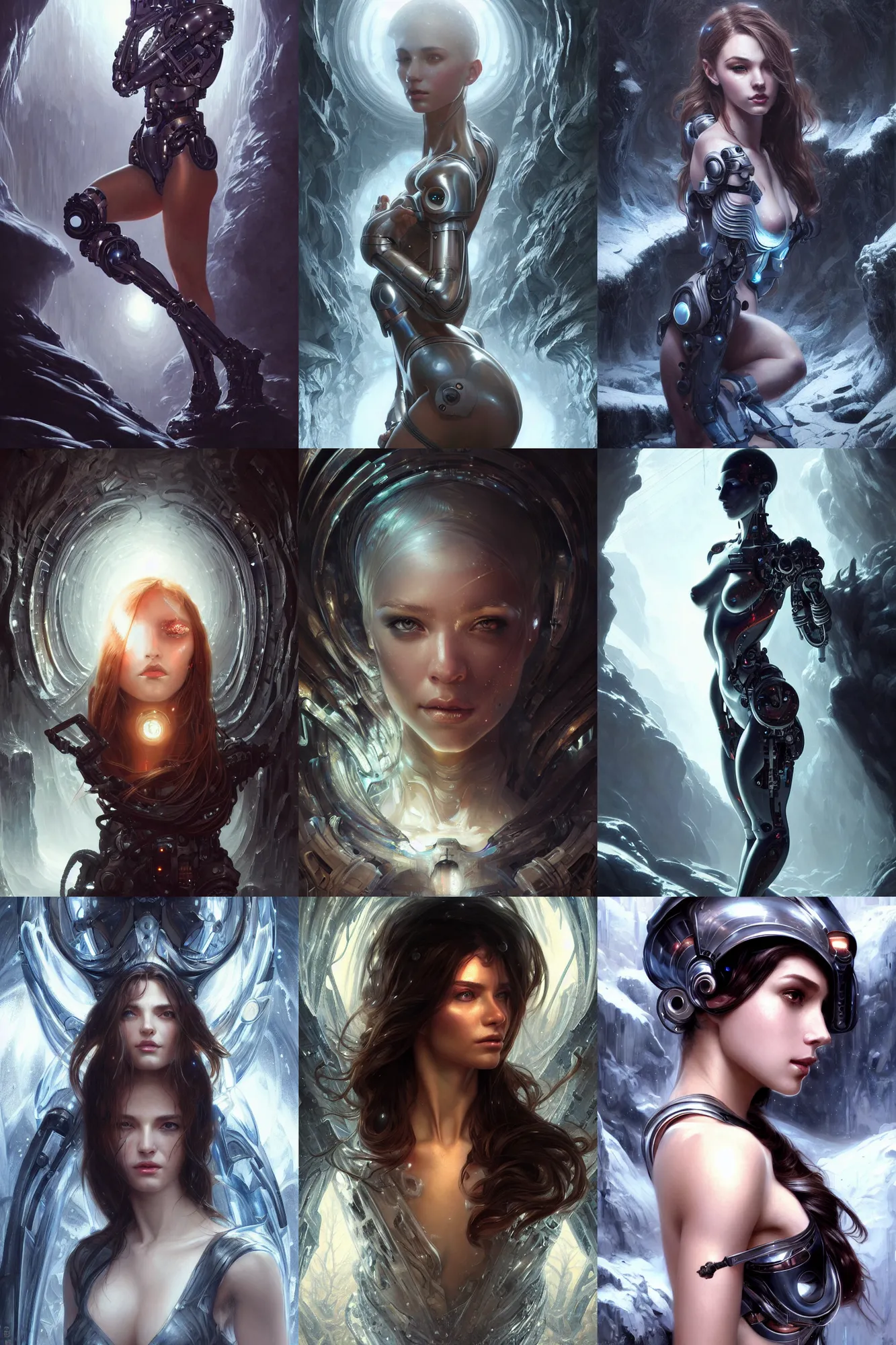 Prompt: ultra realistic beautiful alluring cyborg techno art, gorgeous face and figure, dramatic pose, in an icy cavern, sci - fi, fantasy, intricate, elegant, highly detailed, digital painting, artstation, concept art, smooth, sharp focus, illustration, art by artgerm and greg rutkowski and alphonse mucha and wlop
